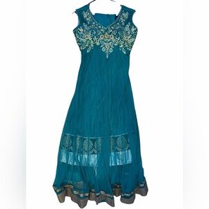 Teal and Gold Embroidered Anarkali Dress